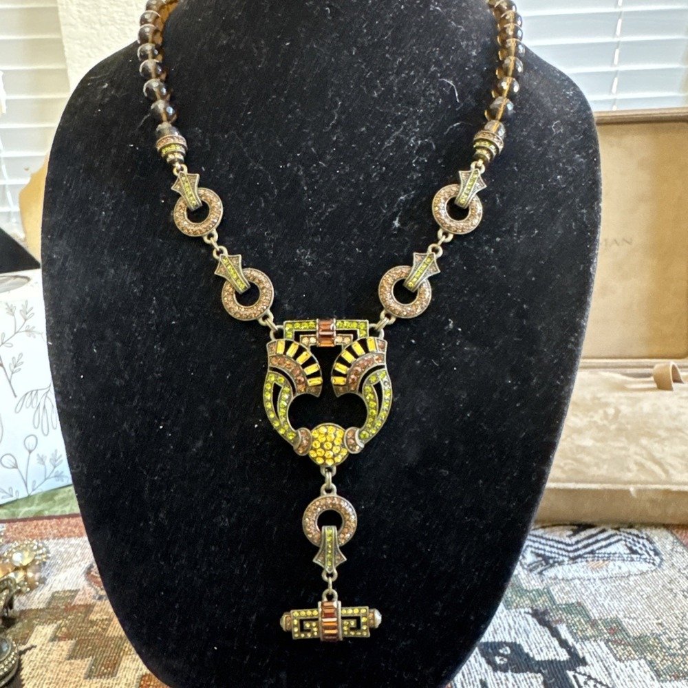 Heidi Daus Art Deco Style Necklace Rhinestoned Multicolored Glass Beads J Hook C